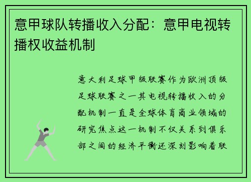 意甲球队转播收入分配：意甲电视转播权收益机制